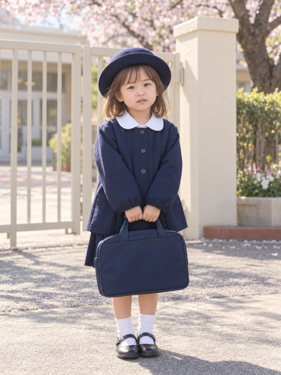 幼稚園の門の前に立つ、園服の袖が余っている娘
