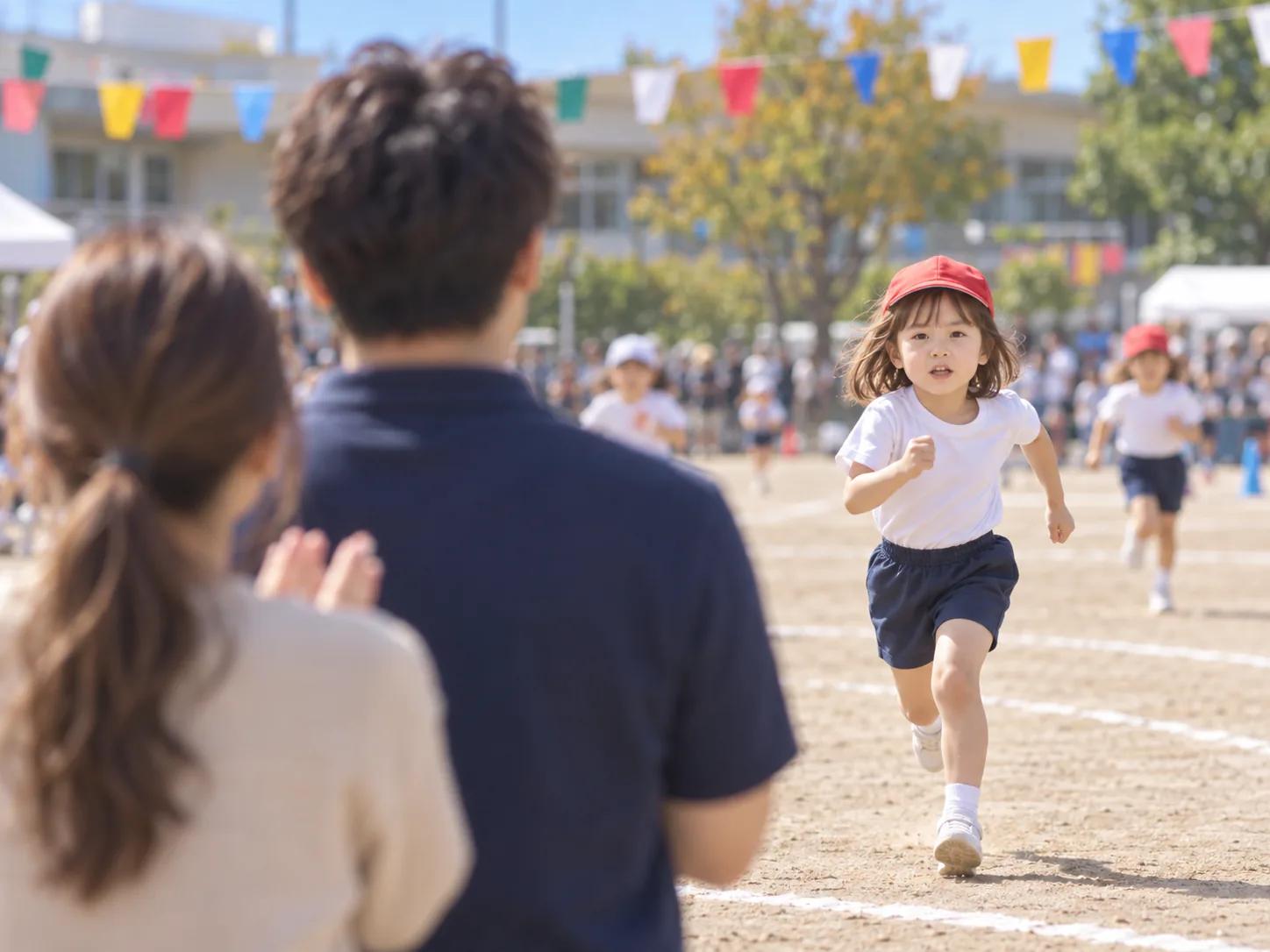 園庭を全力で走る娘と、手前で見守る両親の後ろ姿