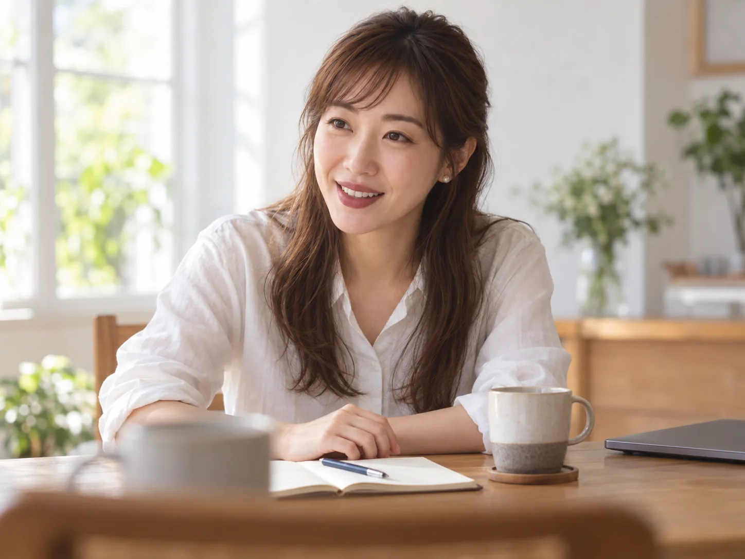ダイニングでノートを広げ、画面の外の相手と話しているみさき