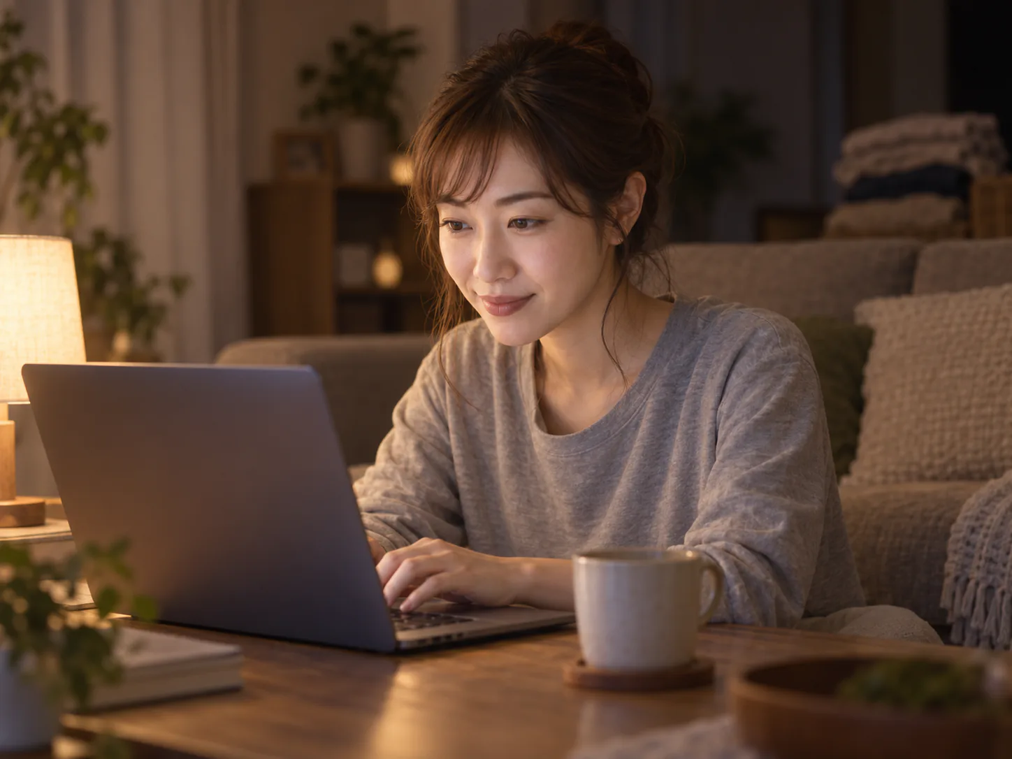 夜のリビングで、膝の上のノートパソコンに向かうみさき