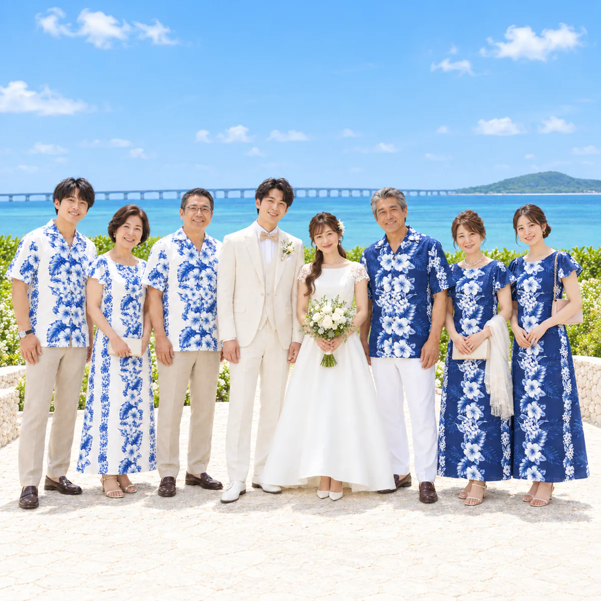 沖縄での結婚式、両家8人の記念写真
