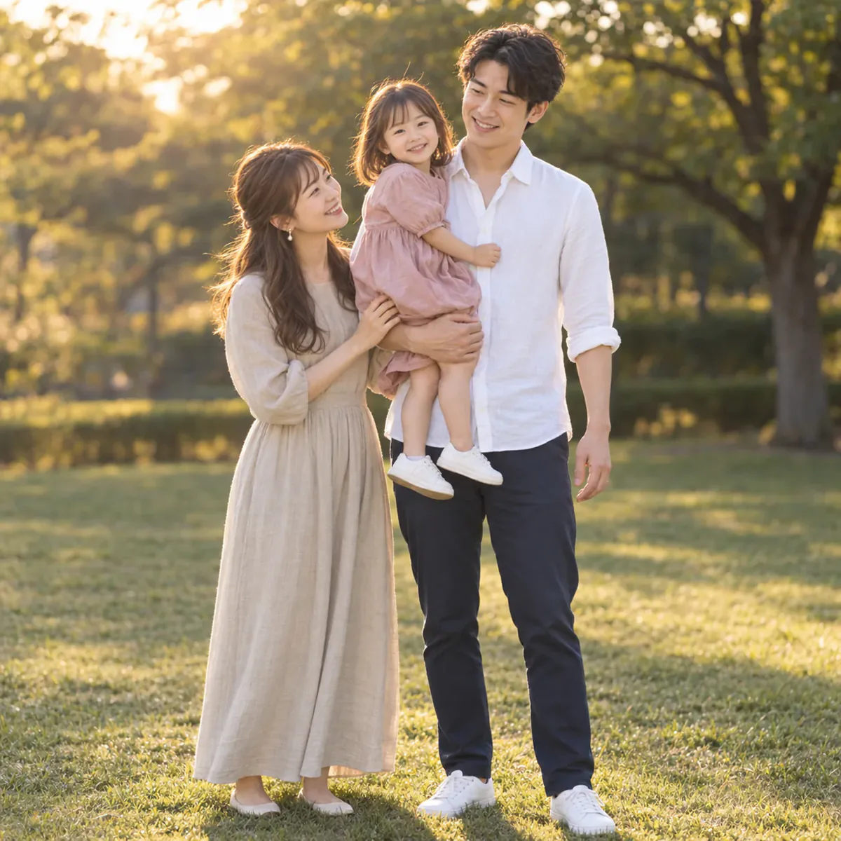 公園で過ごす家族3人