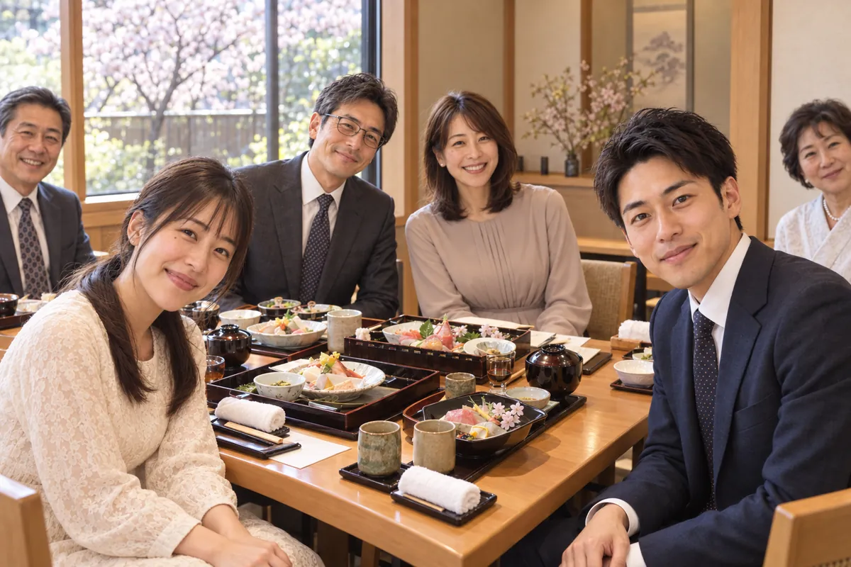 両家の顔合わせの食事会。手前に、はにかむめいとゆうと