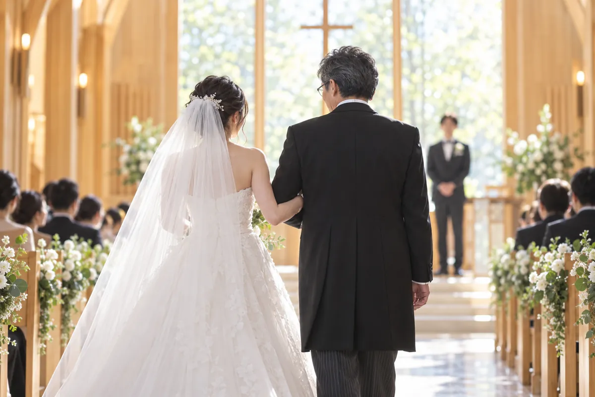 チャペルで、ドレス姿のめいと腕を組んで歩くたかしの後ろ姿