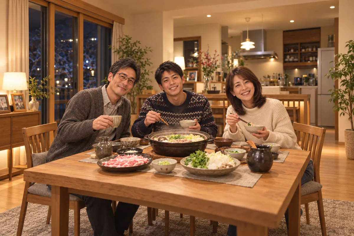 年末の食卓で、帰ってきたそうたと3人で鍋を囲む