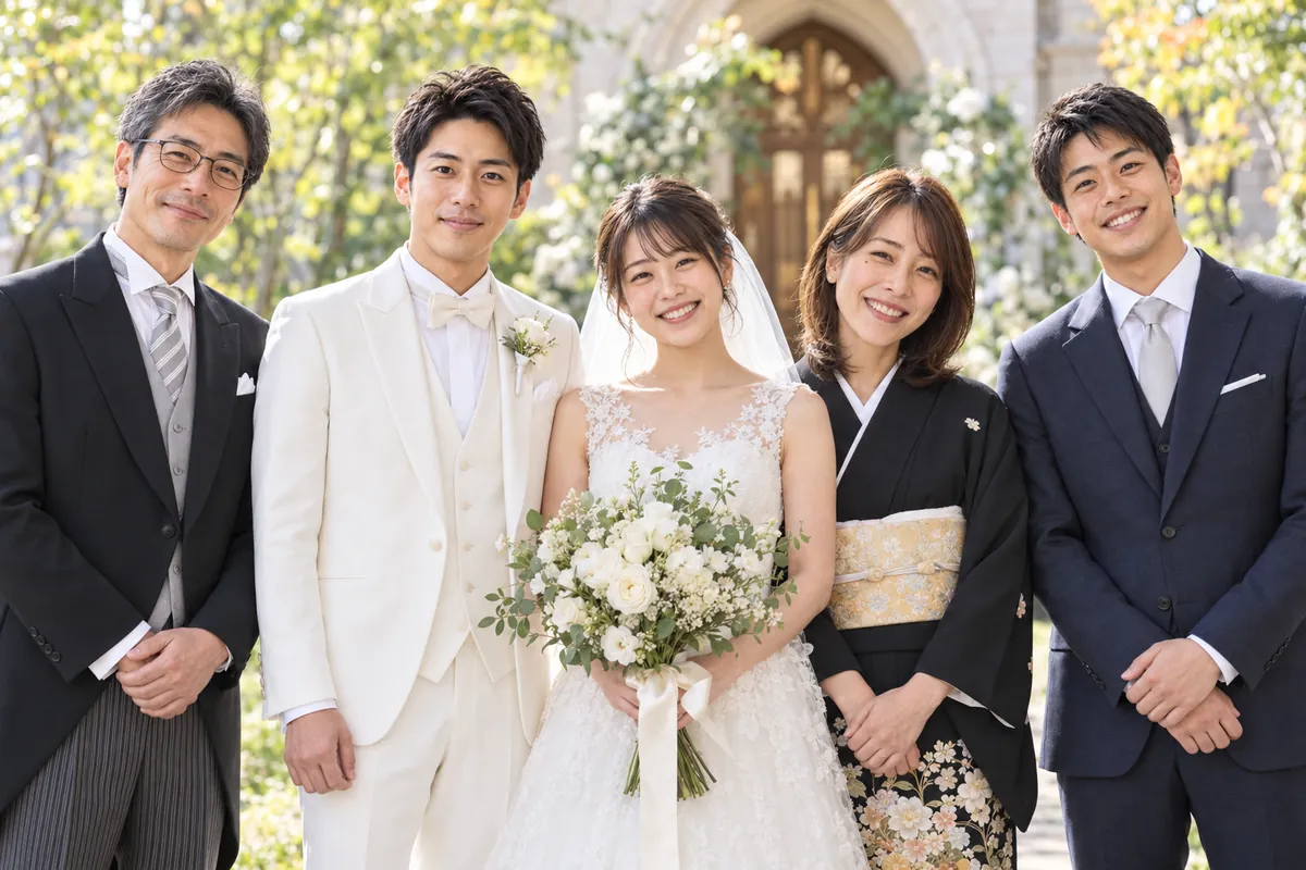 結婚式の日。たかし・あやか・そうた・めい・ゆうとの5人
