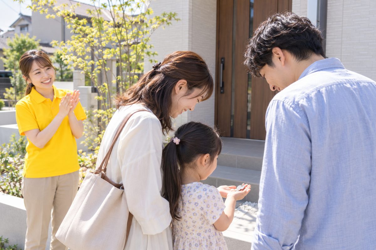 新しい家の玄関前で、受け取った鍵を子どもの手のひらにのせて喜ぶご家族と、拍手するスタッフ