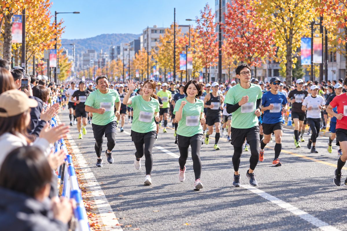 紅葉の街の市民マラソンで、ミントグリーンのTシャツのスタッフが笑顔で走る