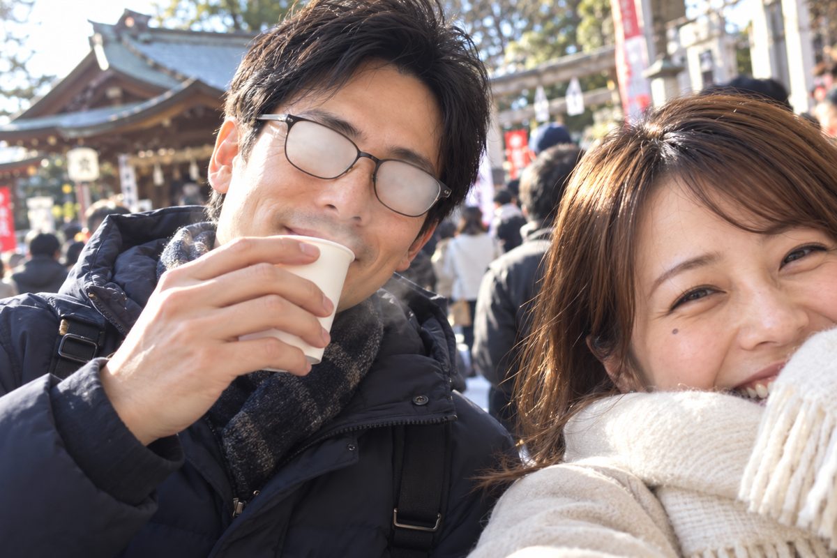 初詣の行列で、甘酒の湯気で眼鏡が真っ白に曇ったたかしと、吹き出すあやか