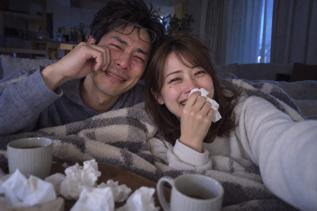 夜明け前のリビングで、毛布にくるまり泣きはらした顔で笑うふたり