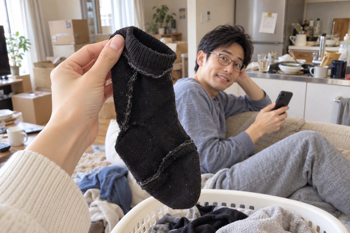 新居で、裏返しの靴下をつまみ上げるあやかの手。奥のソファで、撮られて振り向くたかし