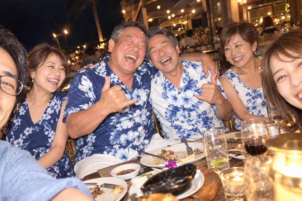 ハワイ最後の夜、アロハシャツで肩を組んで大笑いする両家の父と、笑う家族