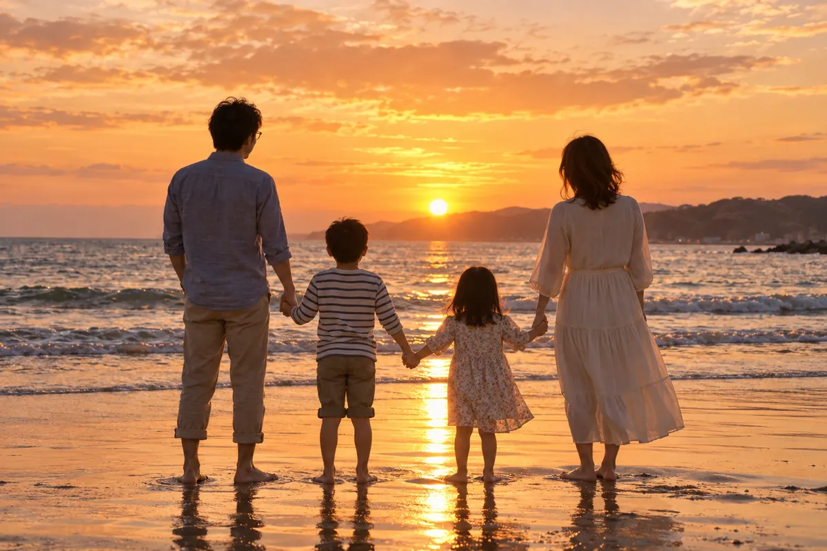 夕焼けの海辺で、手をつないで水平線を眺める家族4人