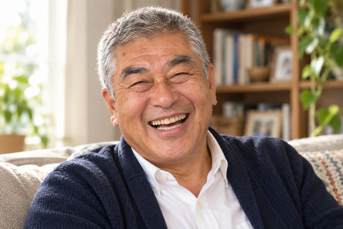 自宅の居間で、家族の話に顔をくしゃくしゃにして笑うひでお