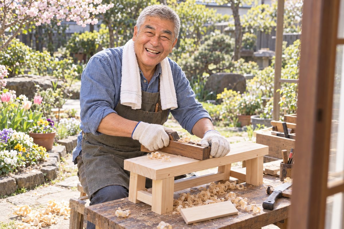 春の庭で、木のベンチにかんなをかけながら笑うひでお