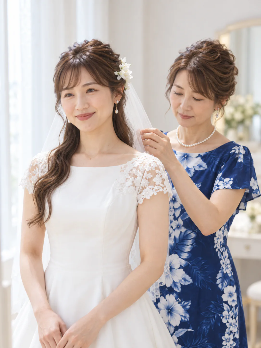 支度部屋で、母が新婦のベールを整えているところ