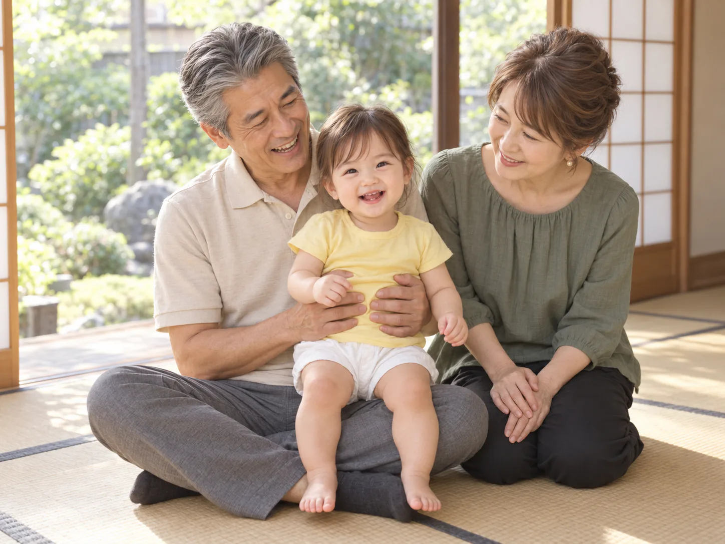 縁側の見える和室で、孫を膝にのせて笑う祖父と、のぞき込む祖母