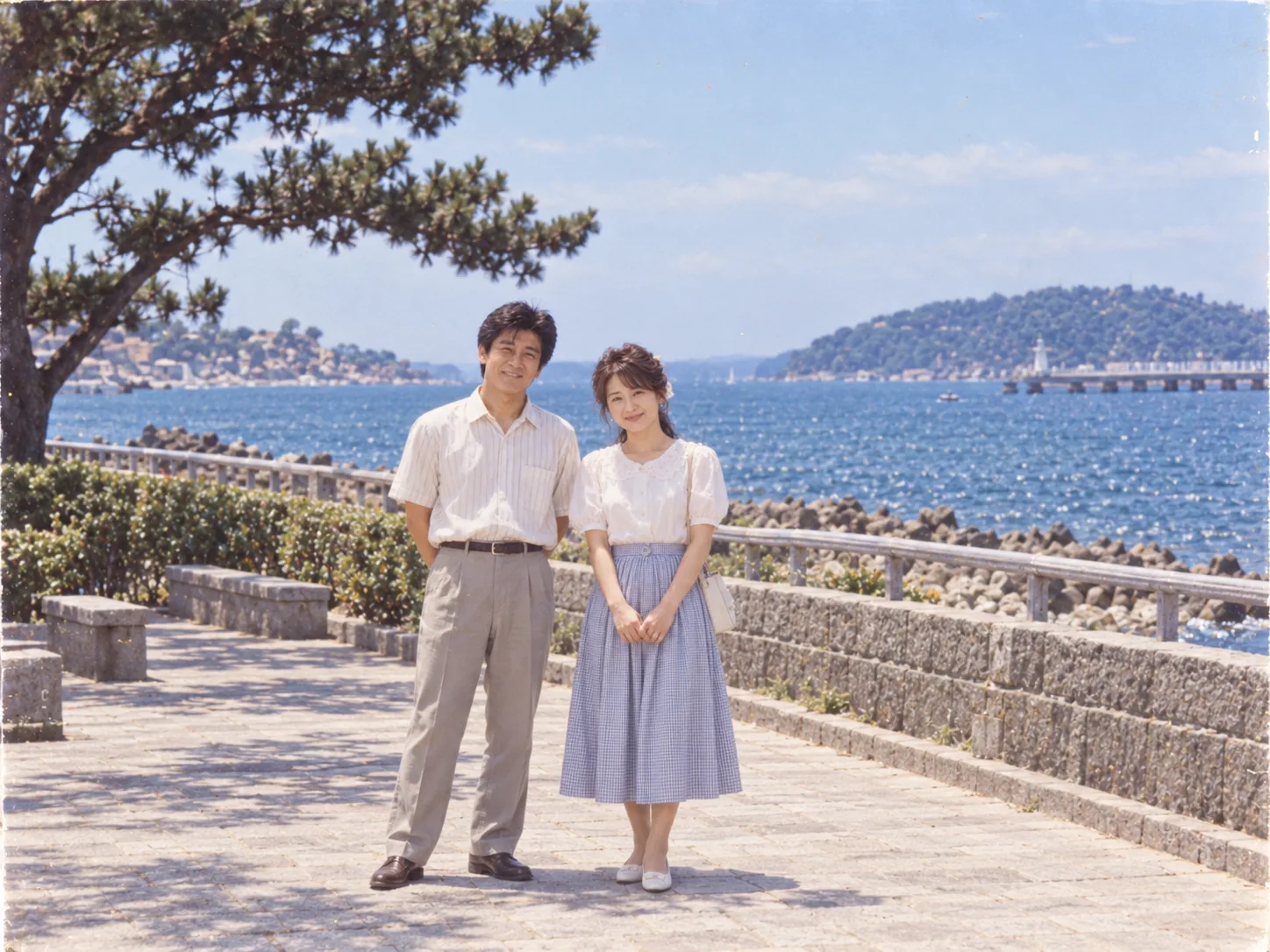 1988年、海沿いの公園に少し離れて並ぶ、24歳の誠一と22歳の妻