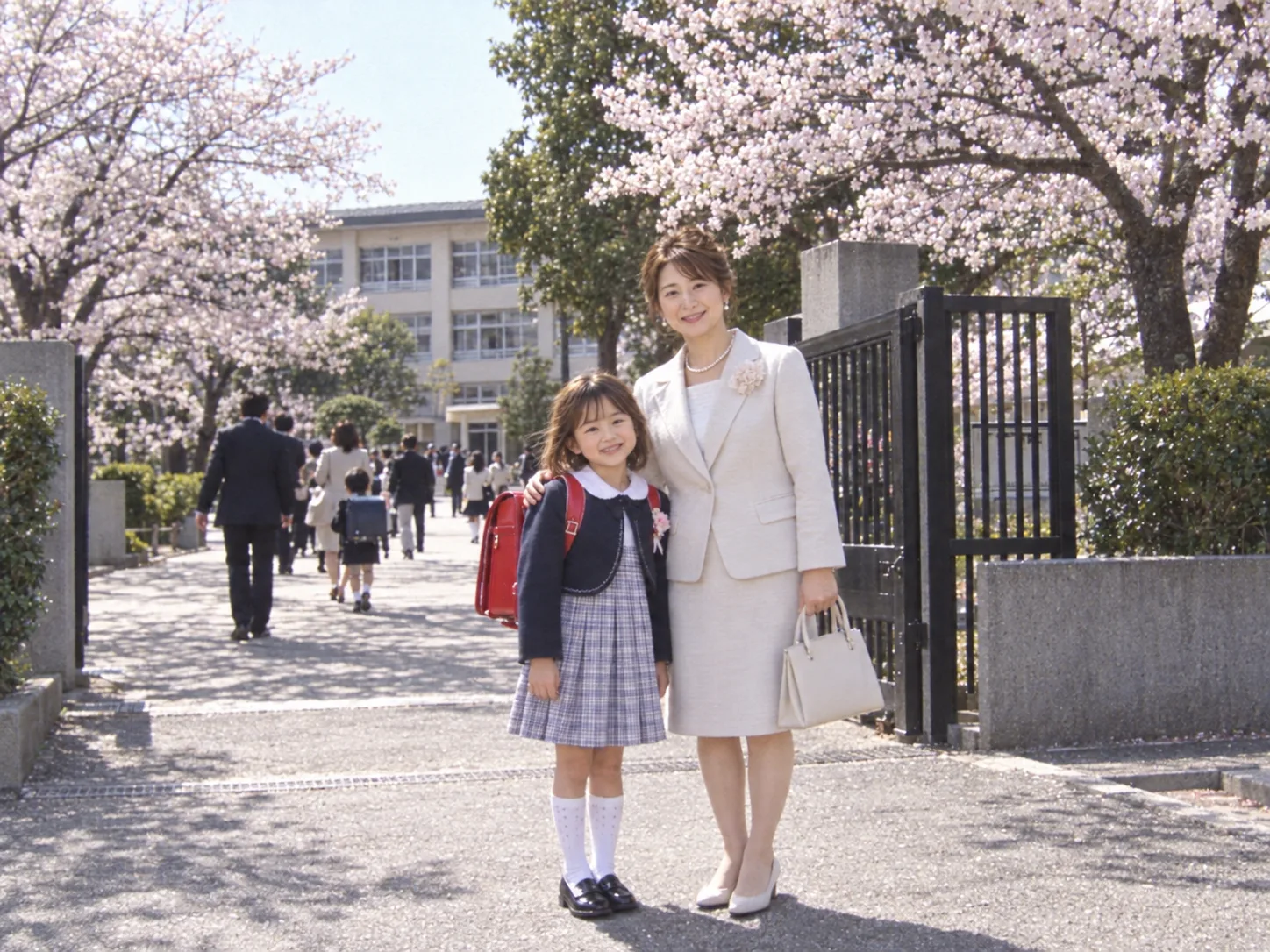 2001年、桜の咲く小学校の校門で、ランドセルの娘と妻