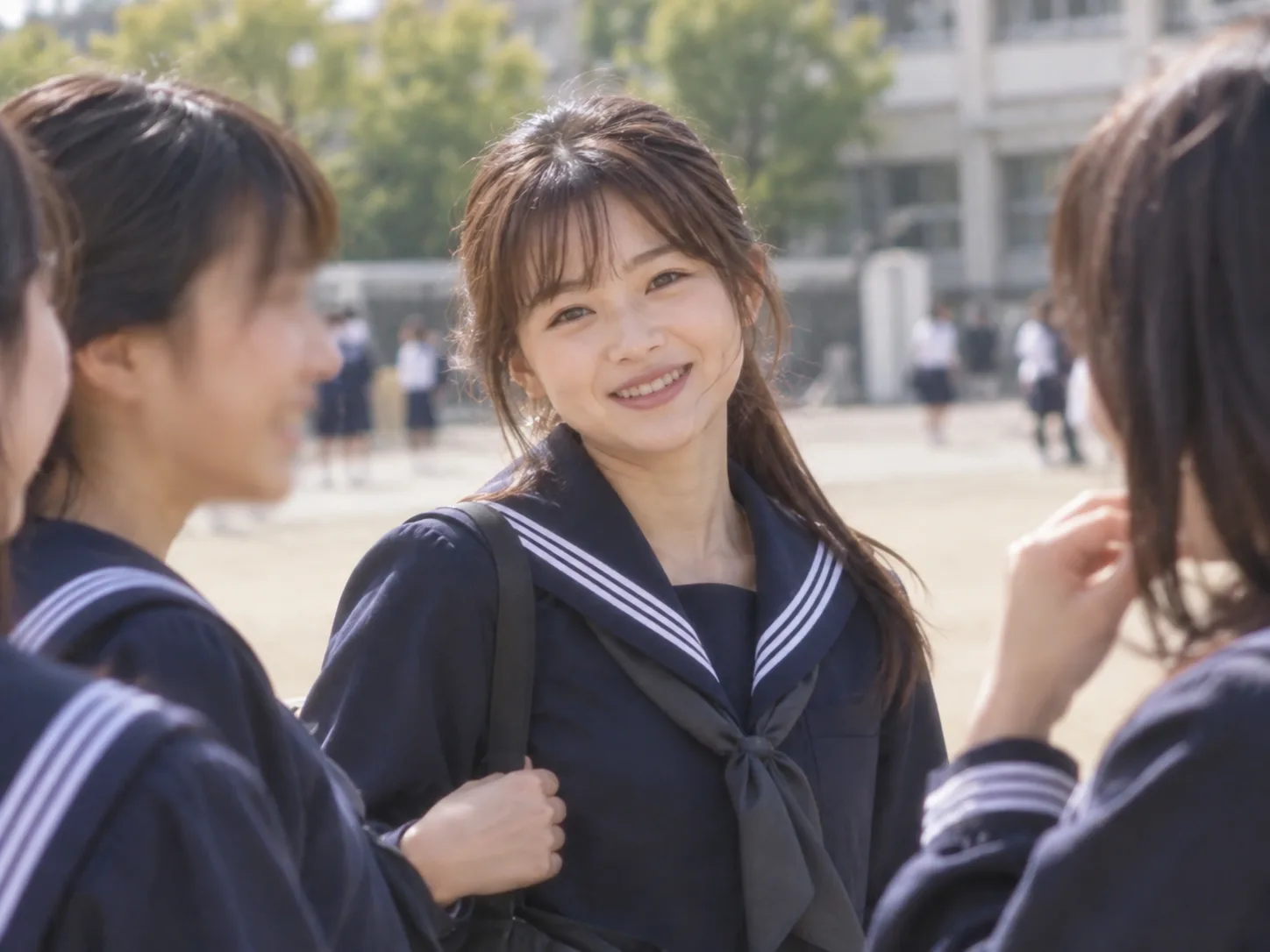 2008年、中学校の校庭で友だちと笑うセーラー服の娘