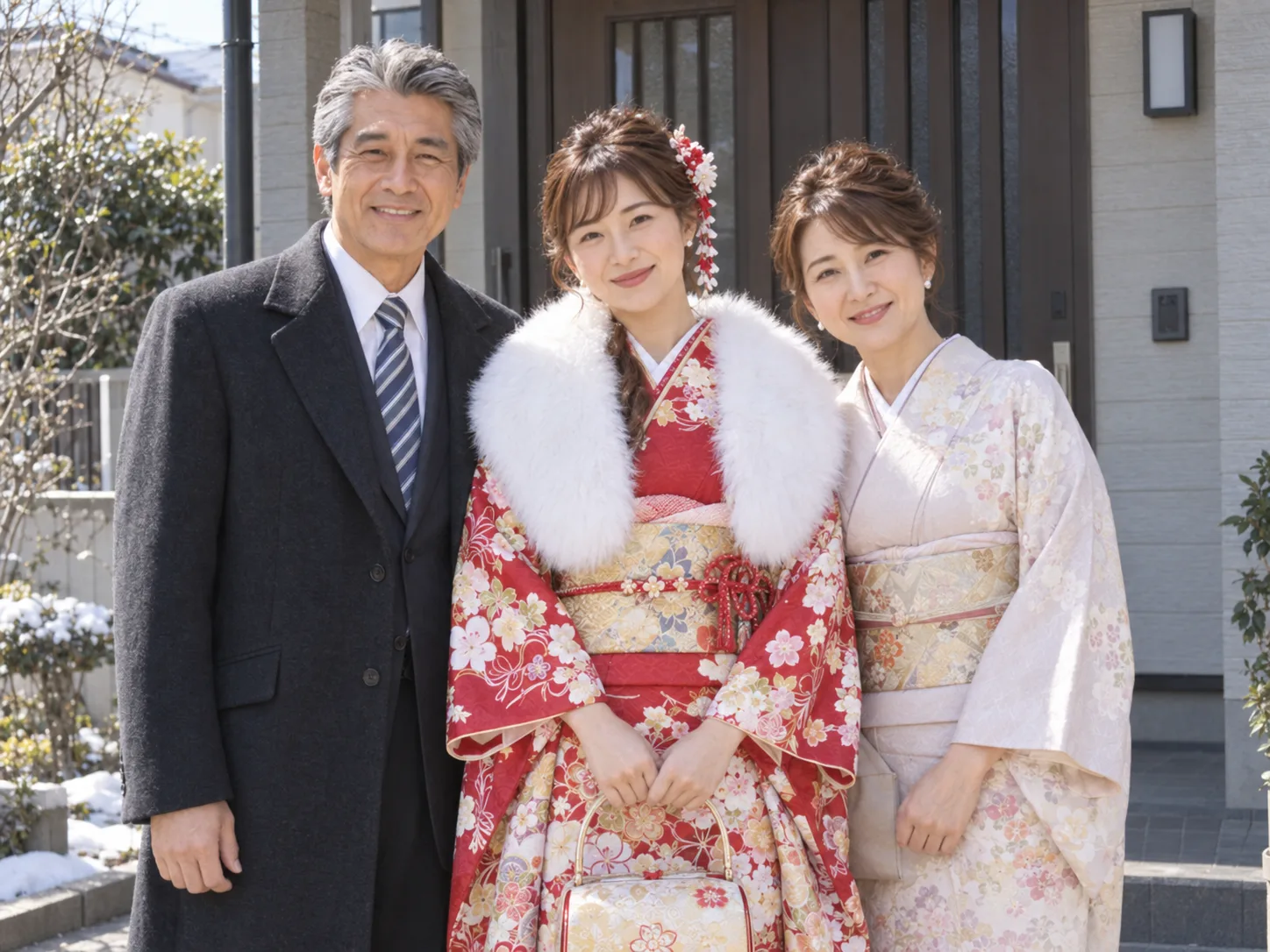 2015年1月、実家の玄関前で振袖の娘をはさんで並ぶ夫婦