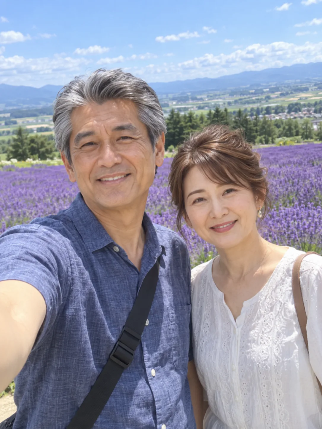 北海道のラベンダー畑で、夫婦で撮った写真