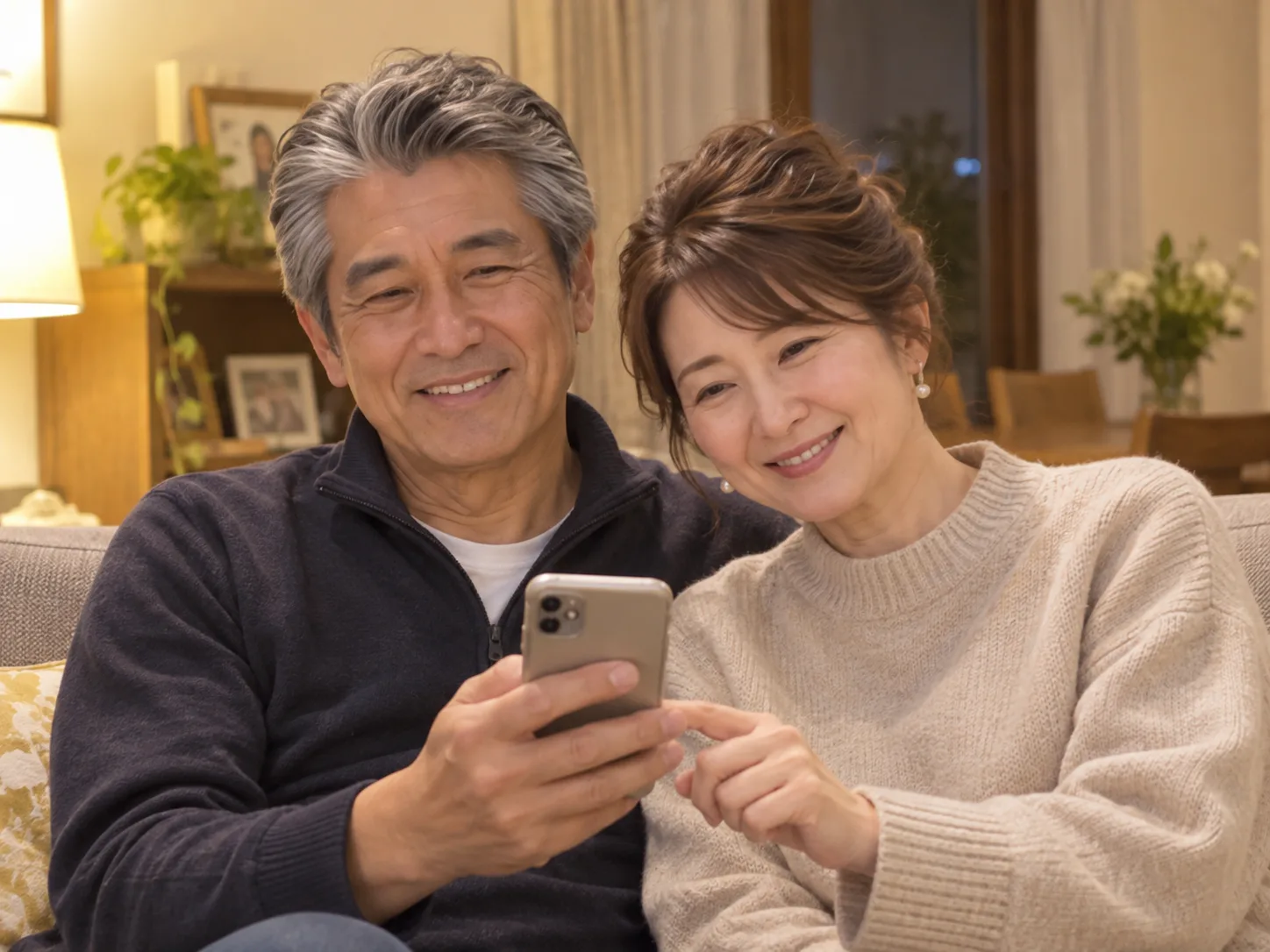 ソファに並んで、ひとつのスマートフォンを見て笑う夫婦
