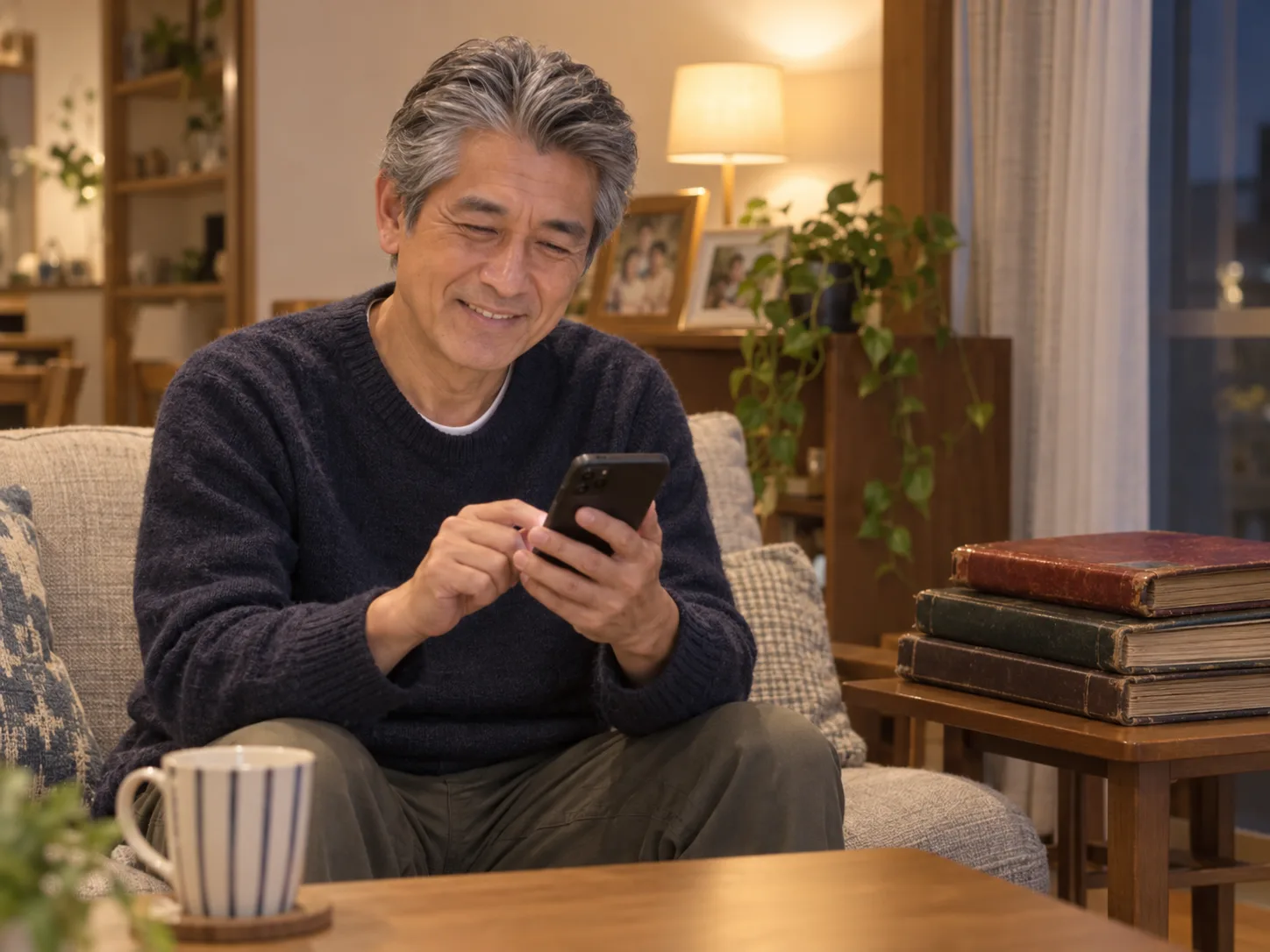 ソファで、スマートフォンのメッセージを送ろうとしている誠一