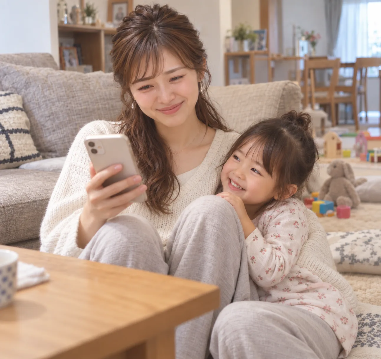 自宅で、スマートフォンを見て口もとに手を当てる娘と、横にくっつく孫
