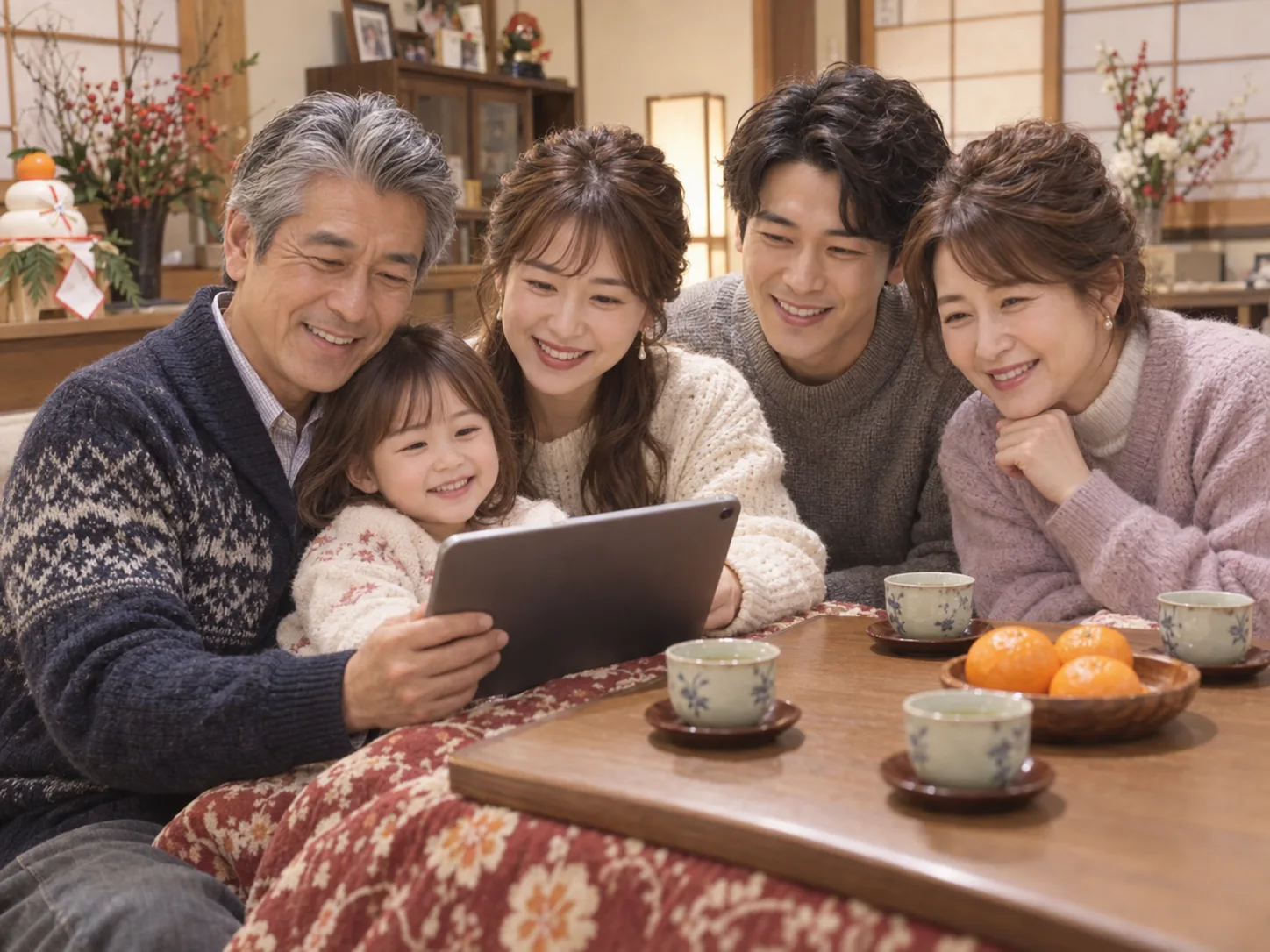 正月、こたつを囲んで家族みんなでタブレットをのぞき込む