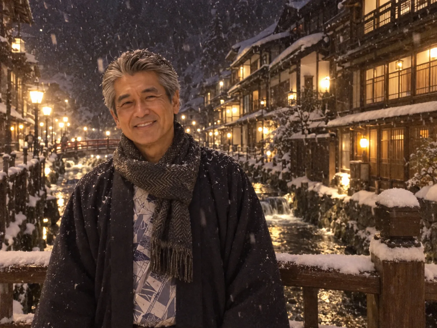 雪の夜の銀山温泉で、浴衣に羽織姿の誠一