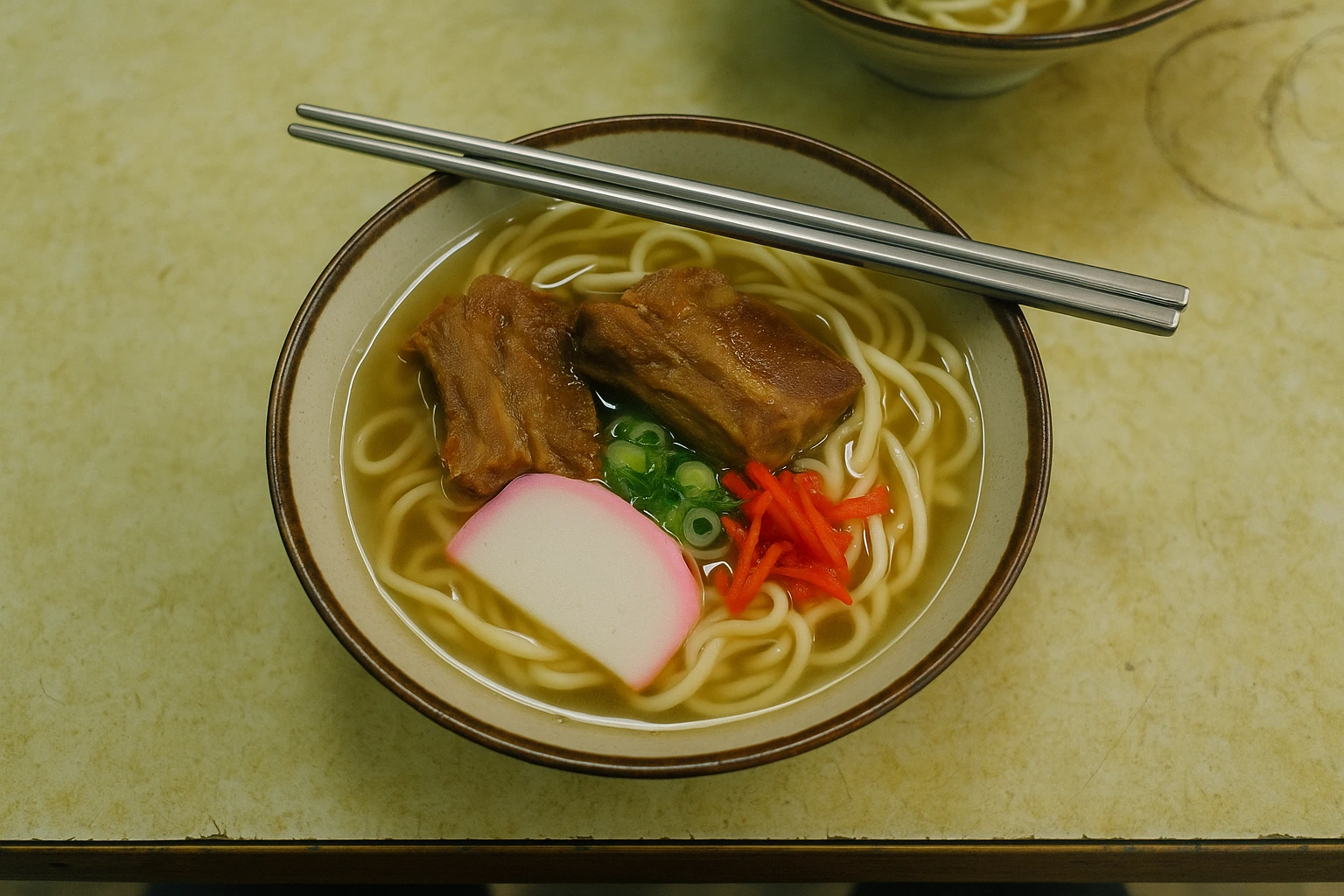 沖縄の食堂のテーブルに並んだソーキそば
