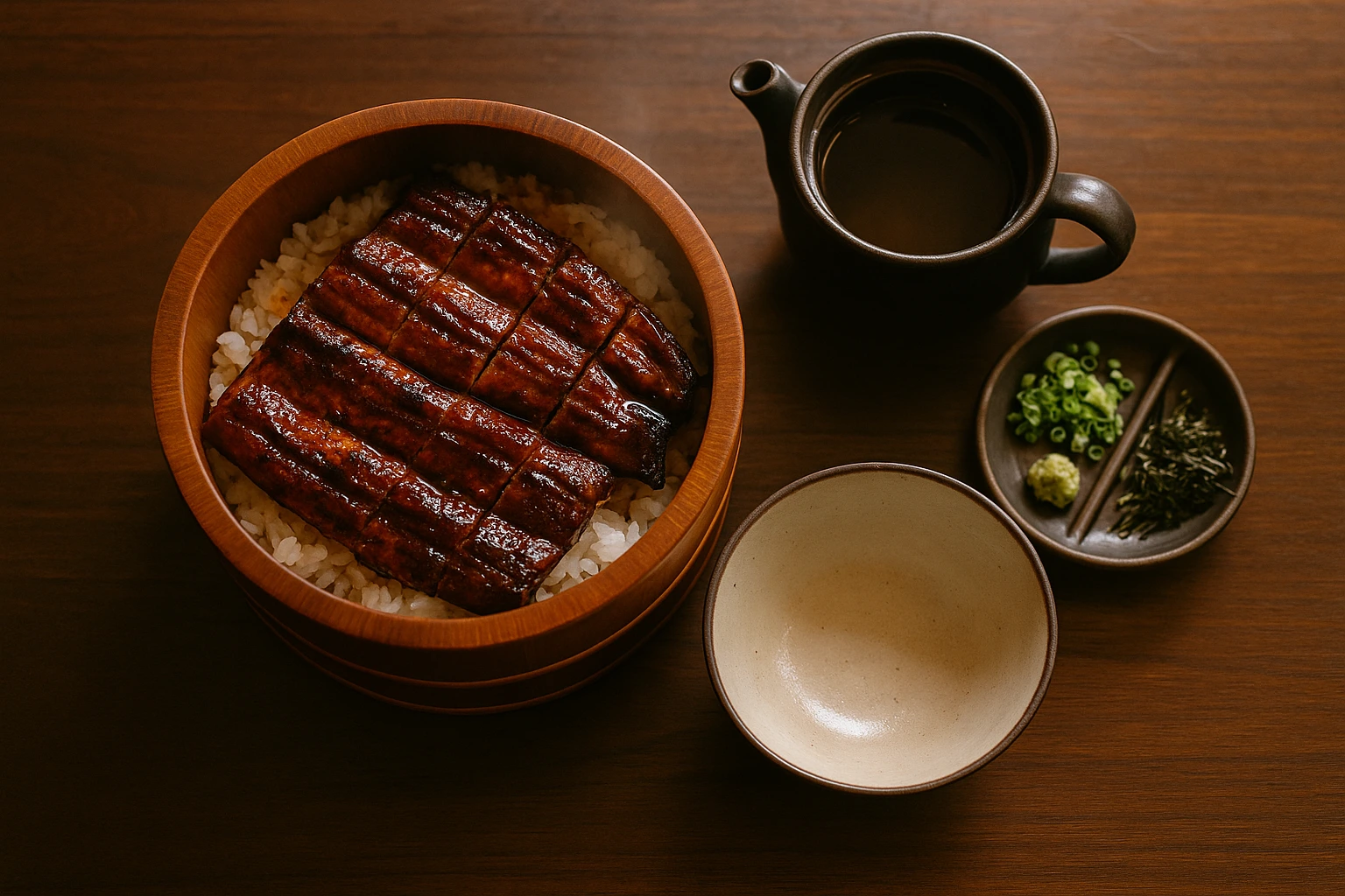 おひつに盛られたひつまぶしと、出汁と薬味