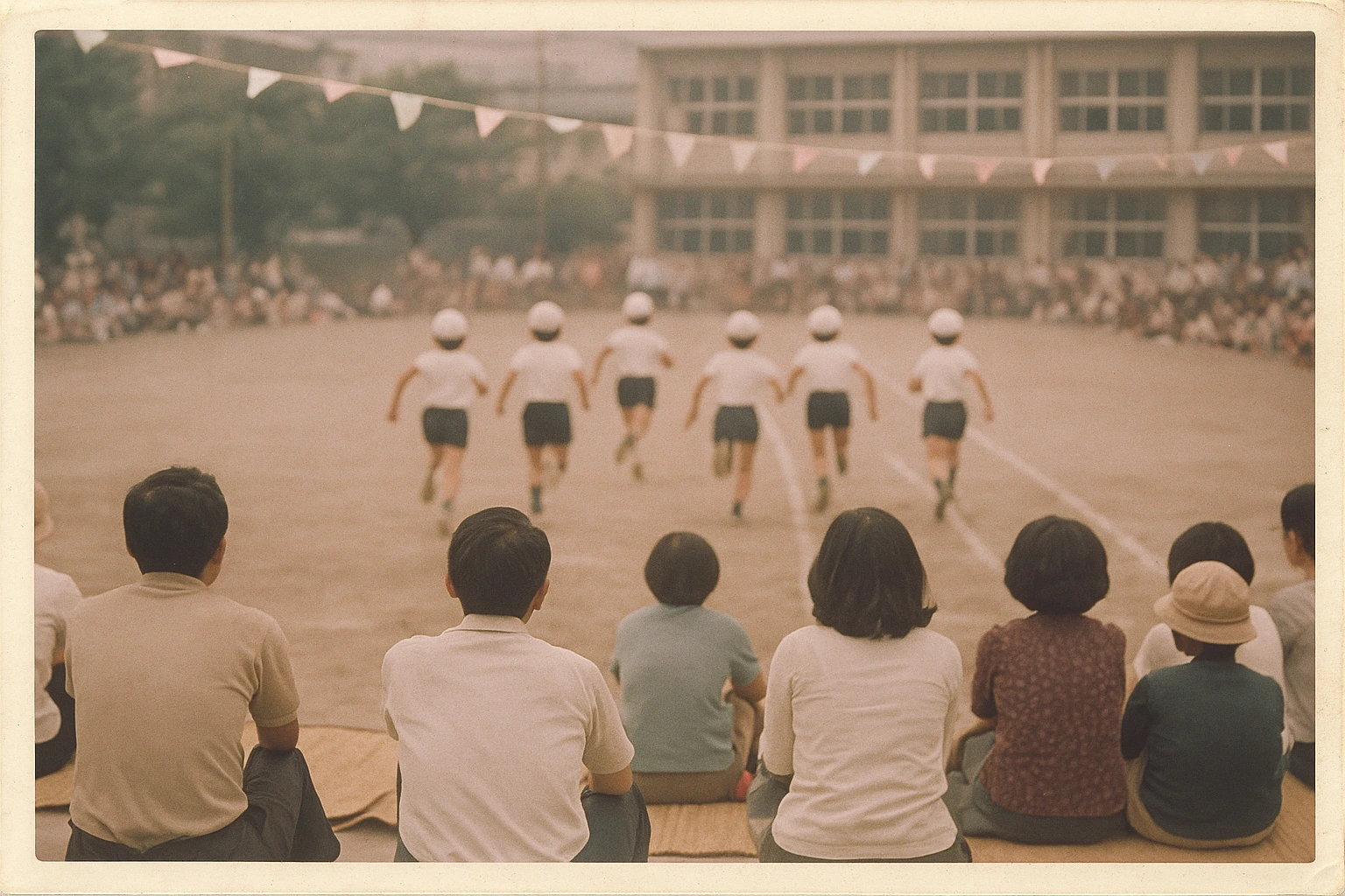 1972年、土の校庭で行われた小学校の運動会
