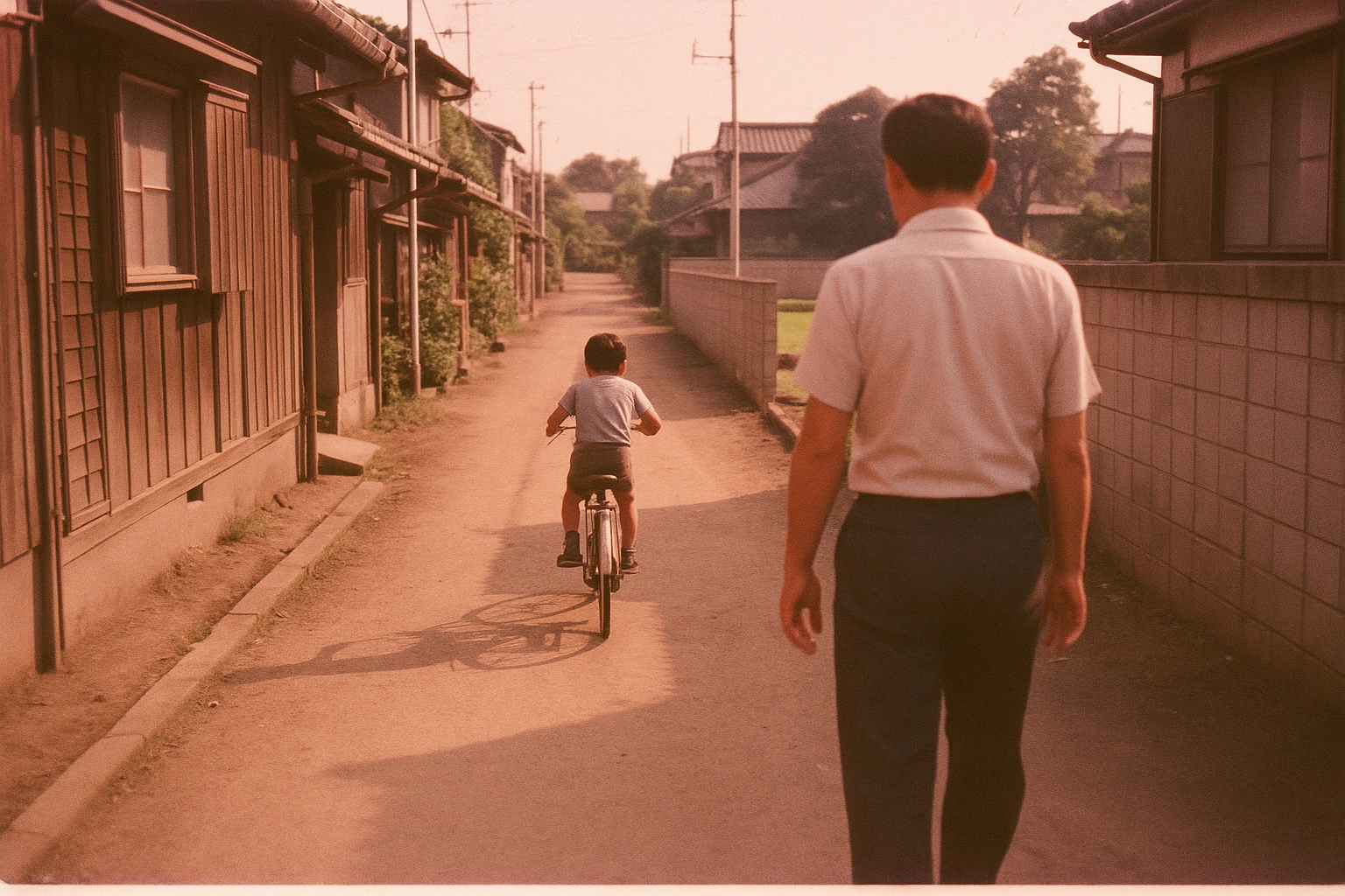 1972年、路地で自転車の練習をする少年と、離れて見守る父