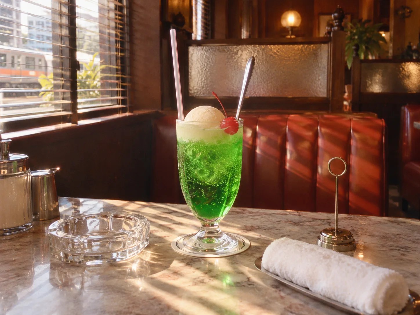 1980年代の喫茶店のテーブル。クリームソーダと灰皿