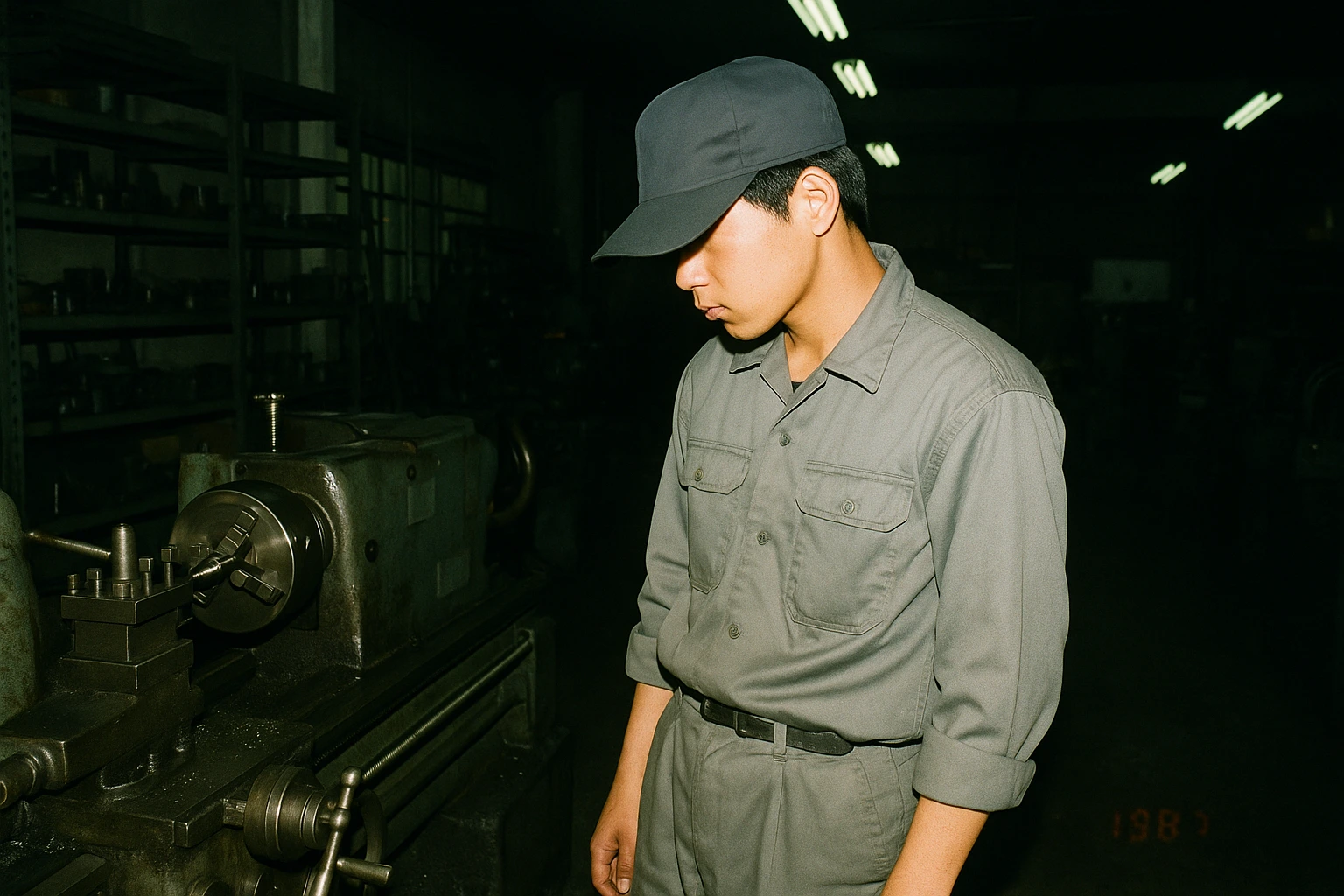 1983年、大きすぎる作業着の袖を折って旋盤の横に立つ18歳