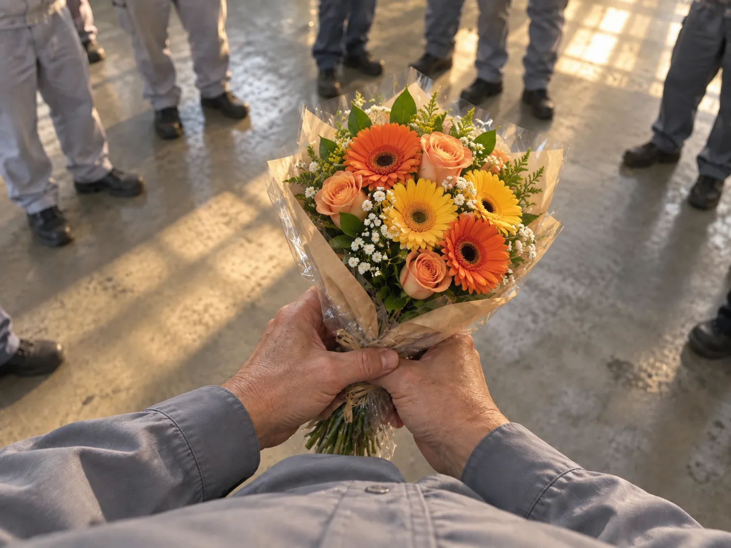 退職の日、工場で花束を受け取った手もと