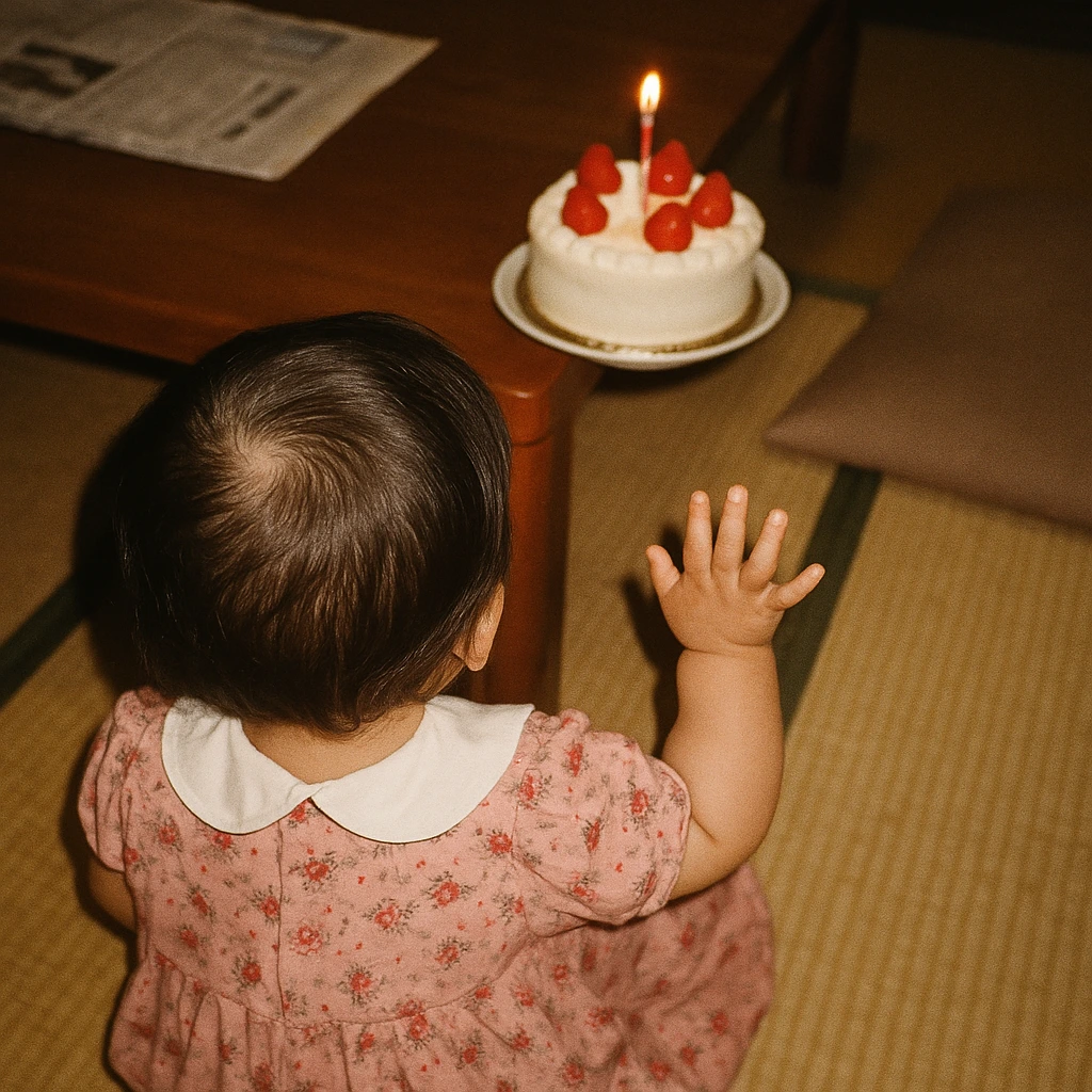 1歳の誕生日、ケーキの前に座る娘