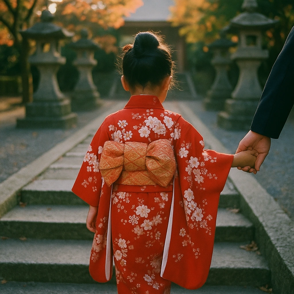七五三、着物姿で神社の石段をのぼる娘