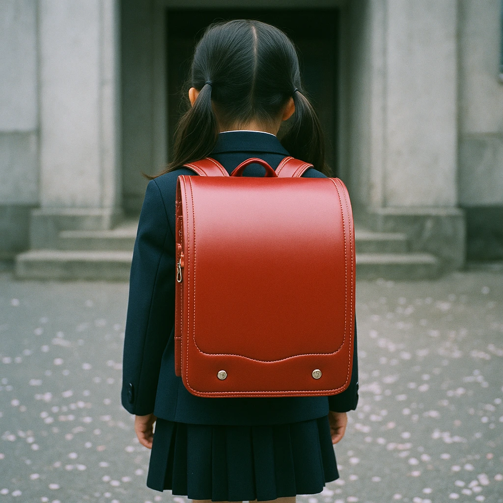 小学校の入学式、赤いランドセルを背負って校舎の前に立つ娘