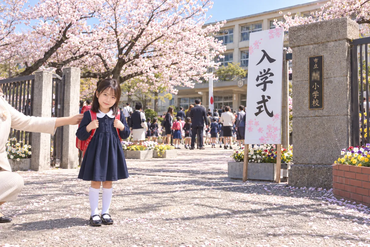 小学校の入学式。桜の校門の前で、大きなランドセルを背負うあおい