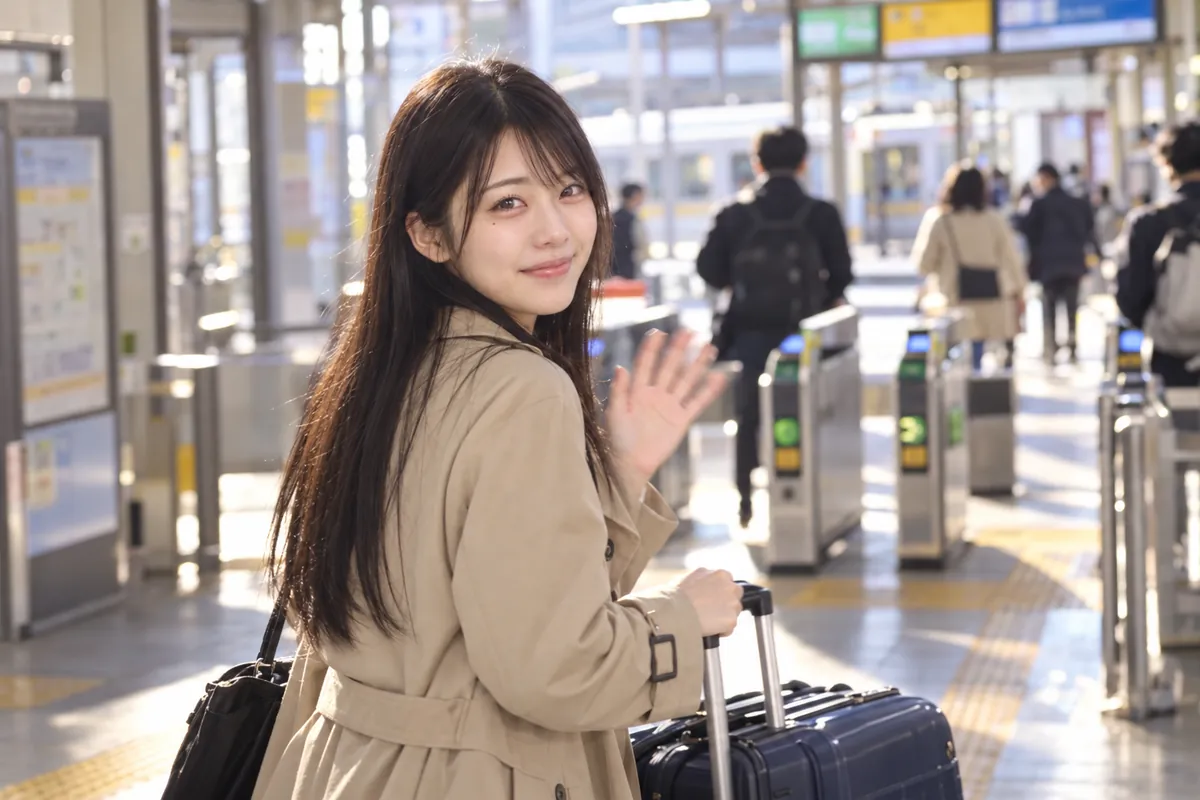 旅立ちの日。駅の改札の前で、スーツケースを持って振り返り、手を振るあおい