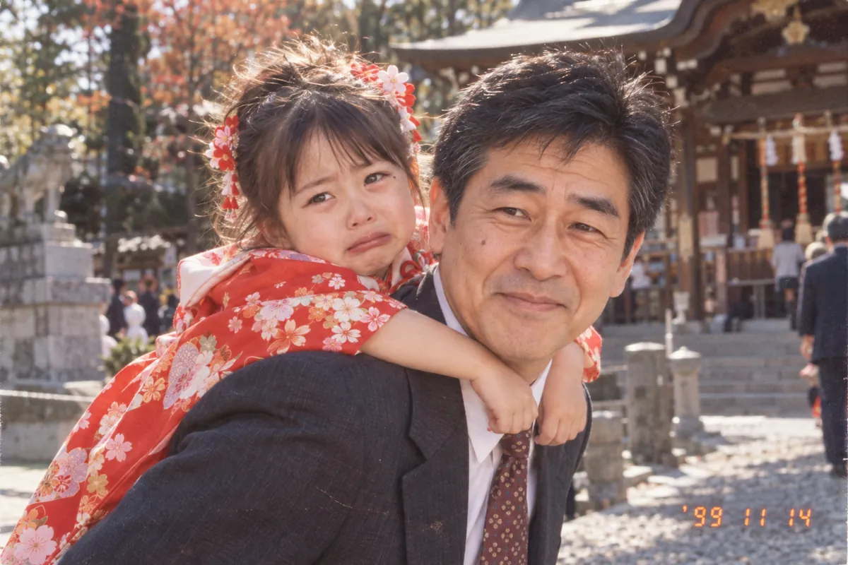 3歳の七五三。着物を着て、お父さんにおんぶされている私