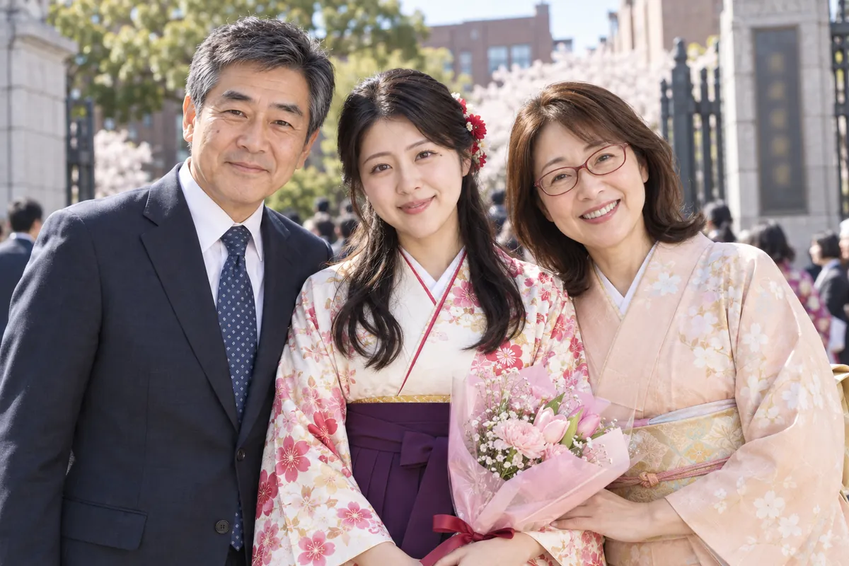 大学の卒業式。袴姿の私と、お父さん、お母さん