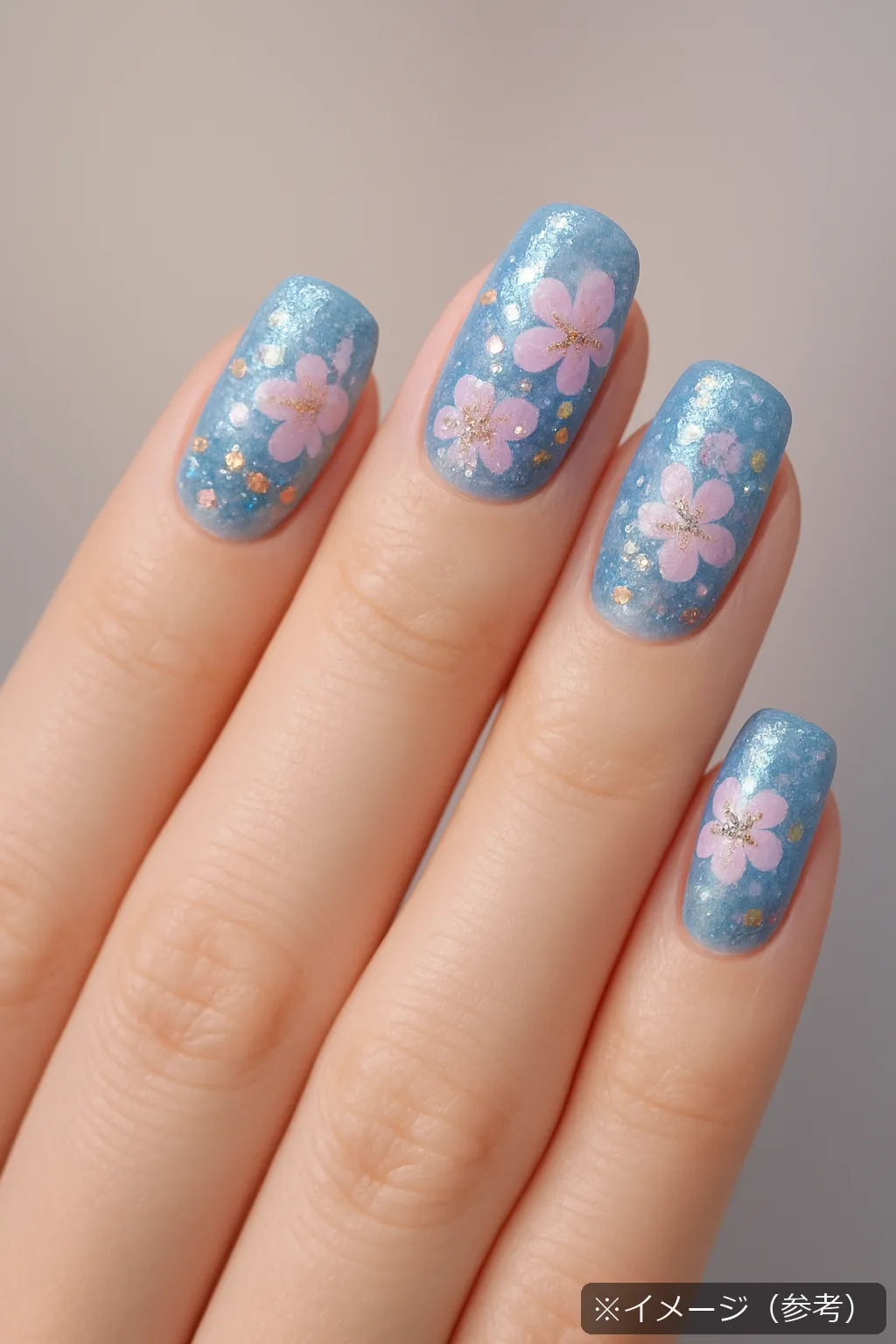 ブルーの花柄アートネイル