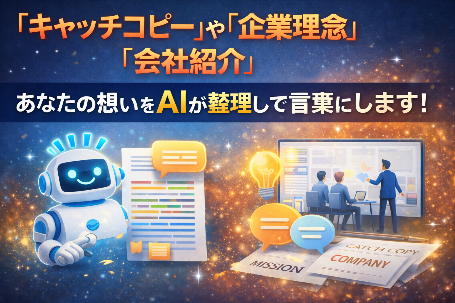 キャッチコピー・タグライン・企業理念がAIで作成できる方法を解説するイメージ