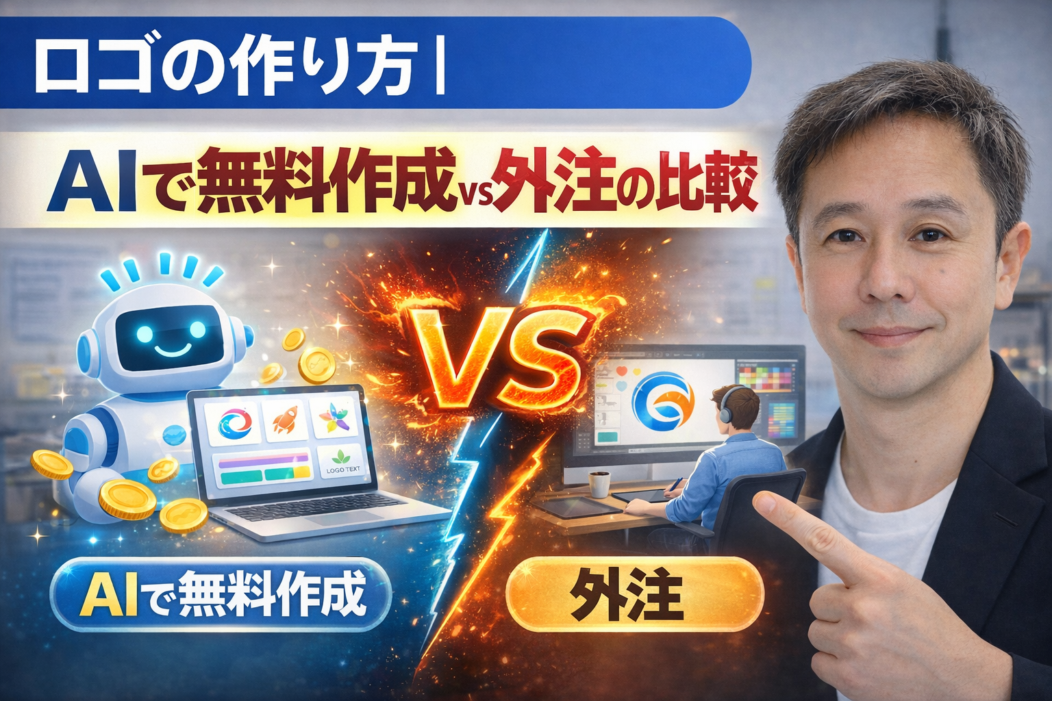 ロゴの作り方｜AIで無料作成vs外注の比較説明するイメージ