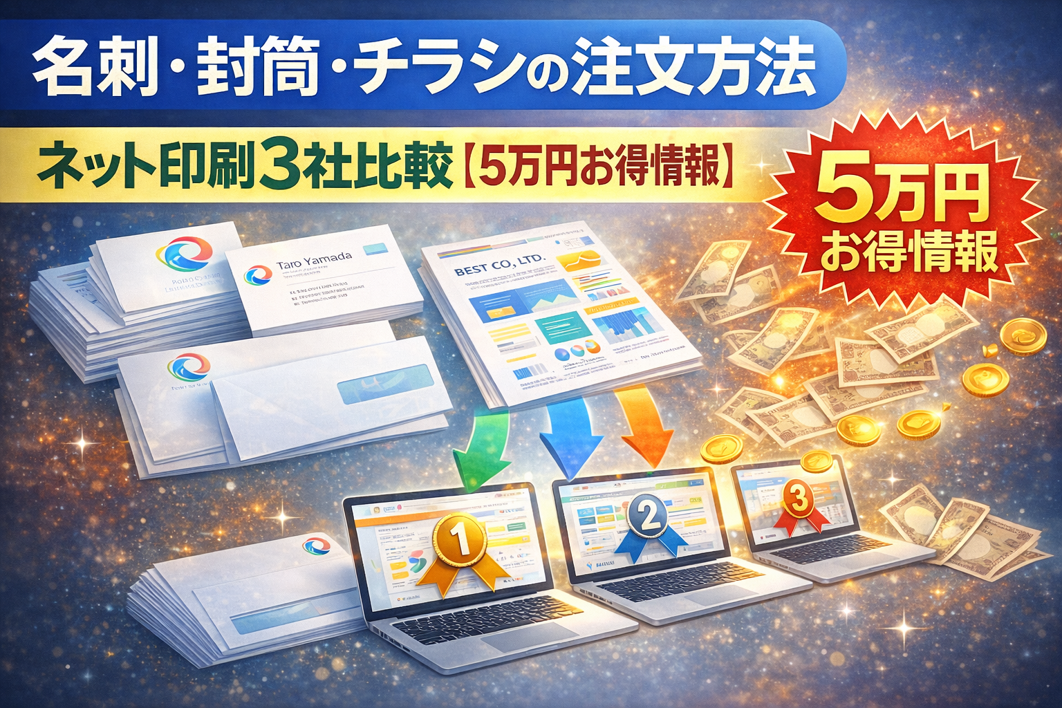 不動産会社の名刺・封筒を安く作る方法｜ネット印刷で5万円節約方法を解説するイメージ