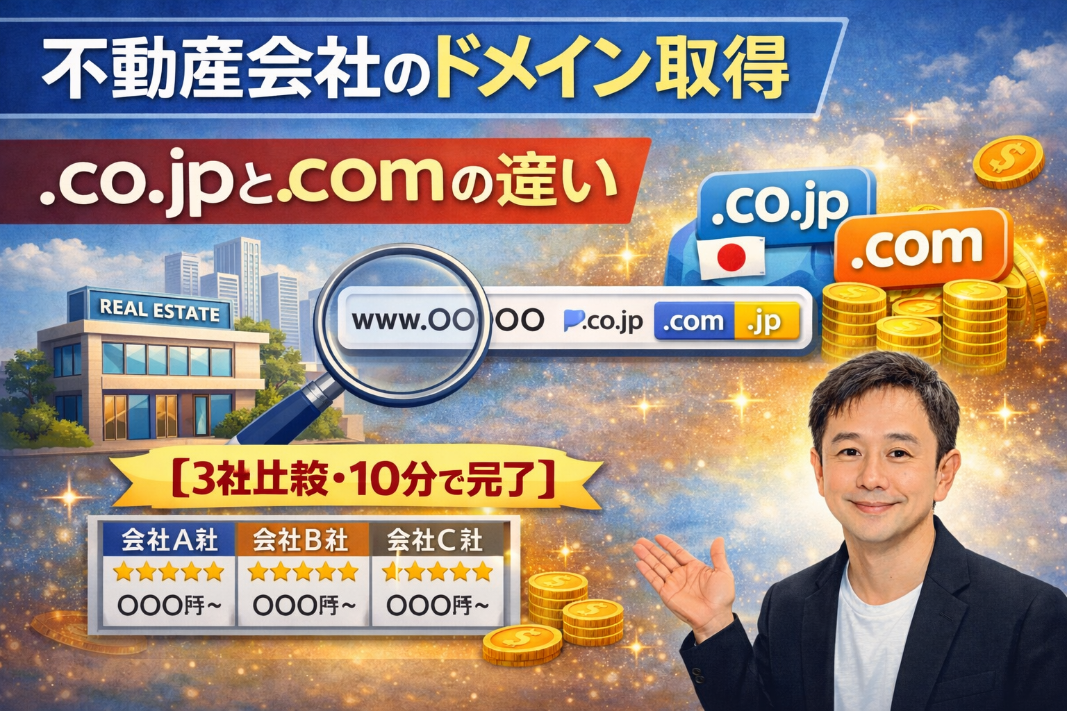 不動産会社のドメイン取得.co.jpと.comの違いを説明するイメージ